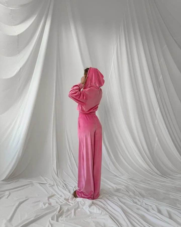 Design Velour Cropped Hoodie and Wide-Leg Pants Set Silver Gray - 22