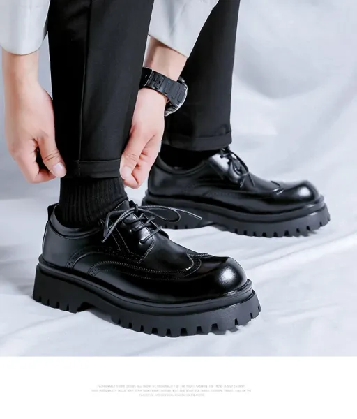 Design Brogue Platform Oxford Black Leather Shoes - 12