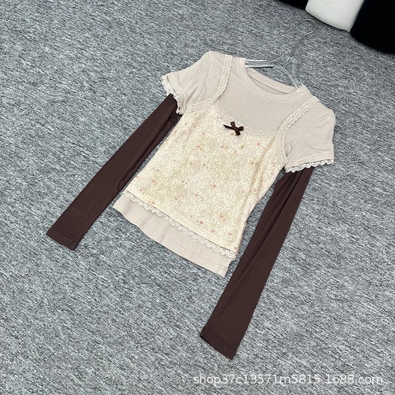 Design Lace-Trimmed Layered Top Beige Brown - 3