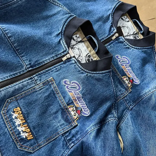 Evisu Denim Bomber Jacket with Osaka Japan Patch and Corduroy Panels Blue - 11