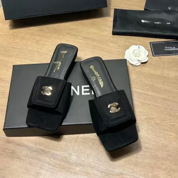 Chanel Logo-Embellished Suede Slide Sandals Black Slippers - 1