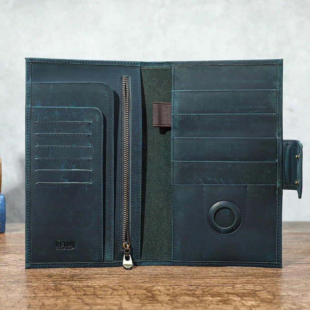 Design RFID-Protected Distressed Teal Leather Long Wallet