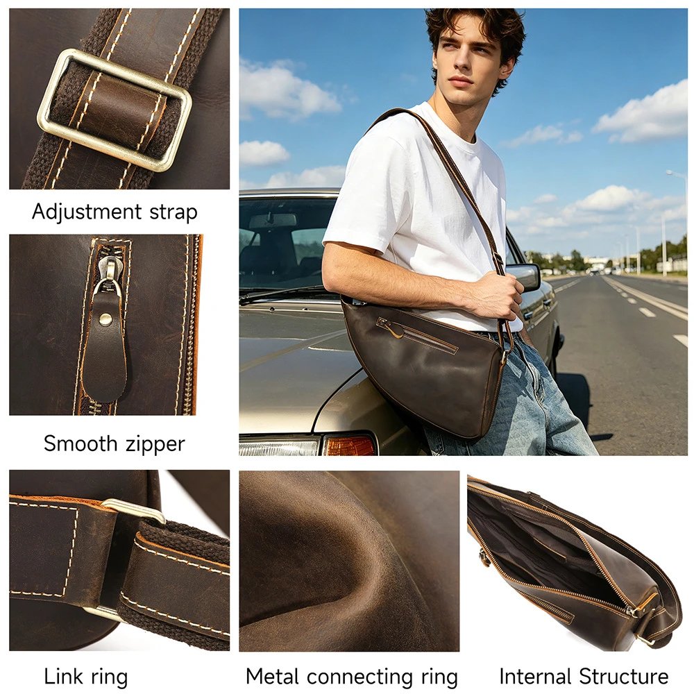 Leather Sling Chest Bag Brown Retro Casual