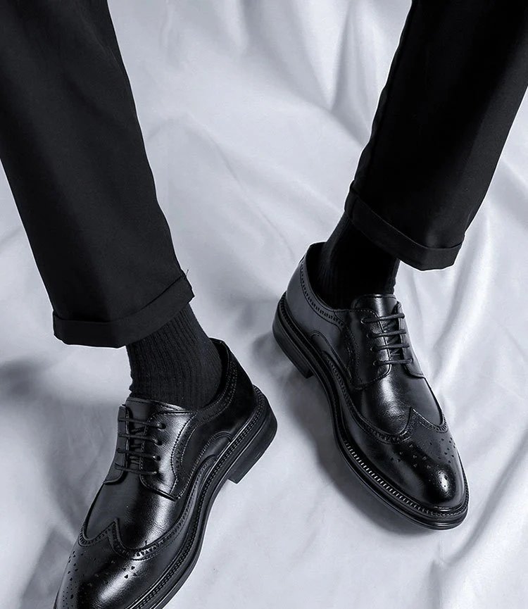 Design Classic Black Wingtip Brogue Leather Shoes Brogues - 2