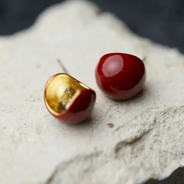 Design Cherry Drop Earrings Red Enamel Gold-Plated Earrings Jewelry - 4