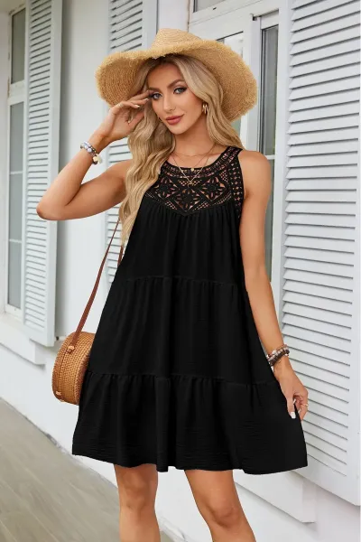 Design Black Lace-Trimmed Tiered Sleeveless Dress - 14