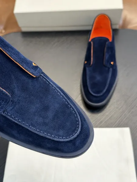 Design Santoni Loafer Slip-On Olive Green Suede with Orange Sole Casual Shoes Loafers - 35