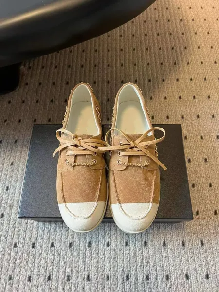 Chanel Boat Shoes Light Blue Suede Two-Tone with Chain Detail - 3