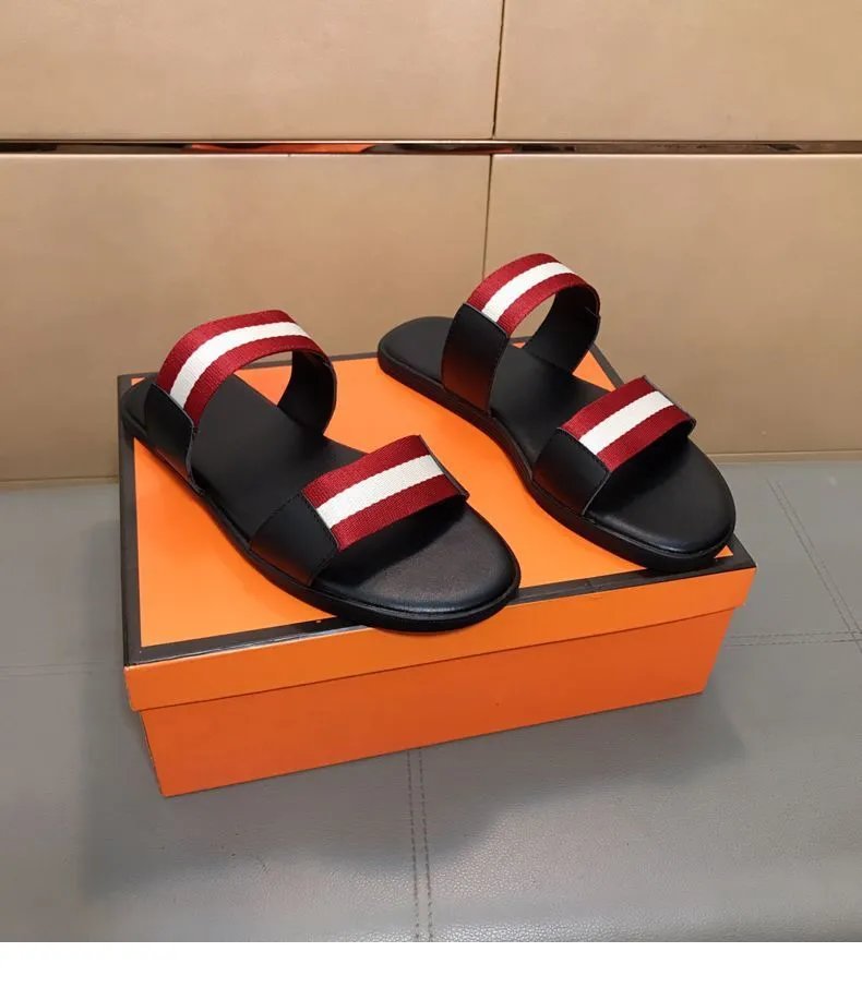 Design Bally Striped Webbing Slide Sandals Black Red White Slippers - 7