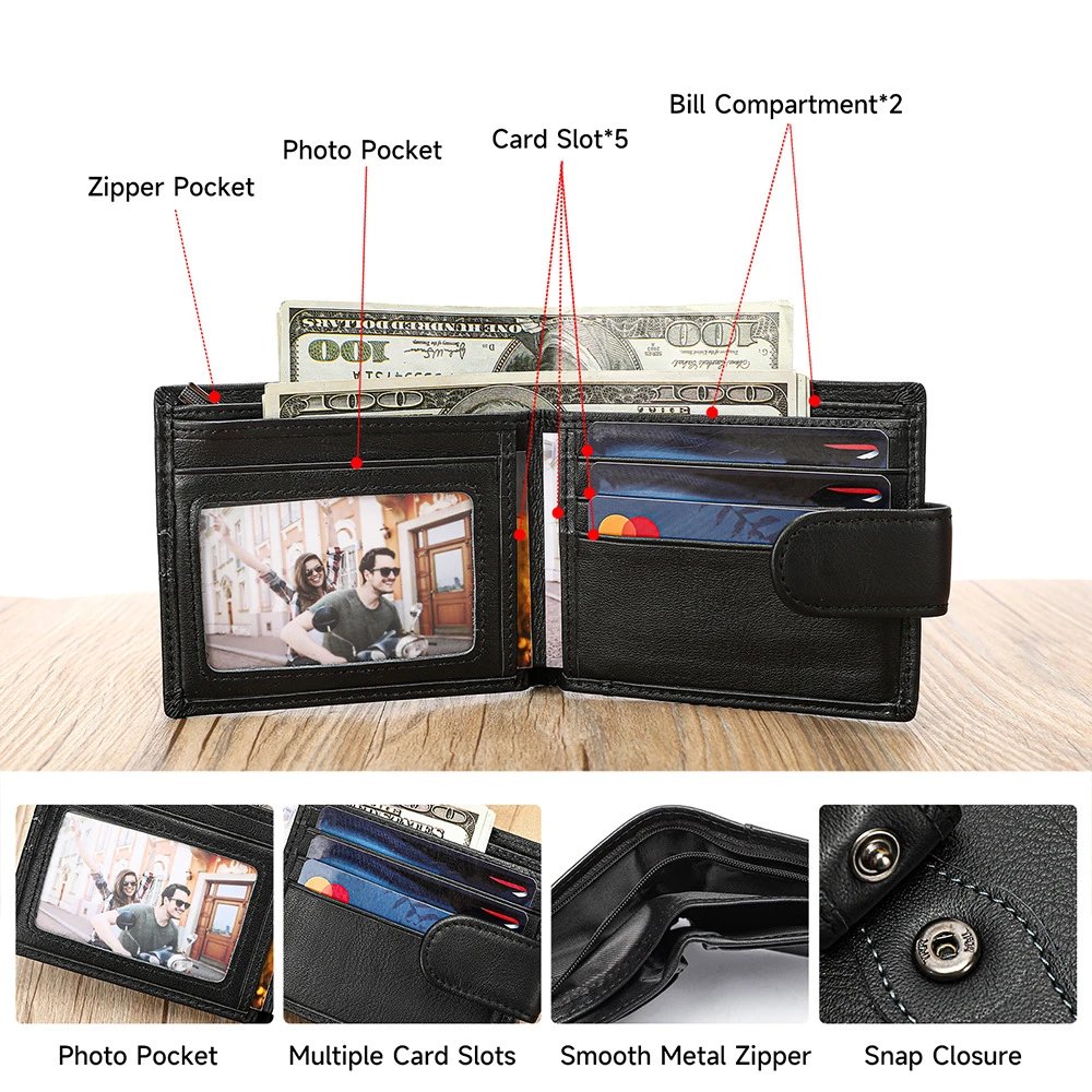 Leather Bifold Wallet Black Classic Style