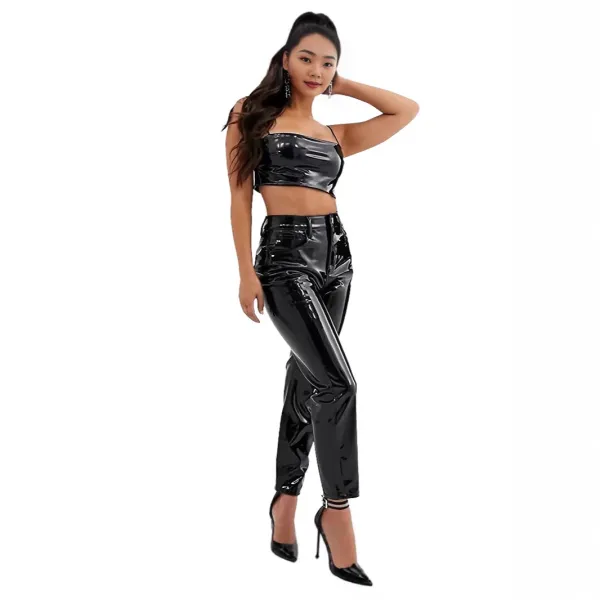 Design Patent Leather High-Waisted Cropped Pants Black - 4