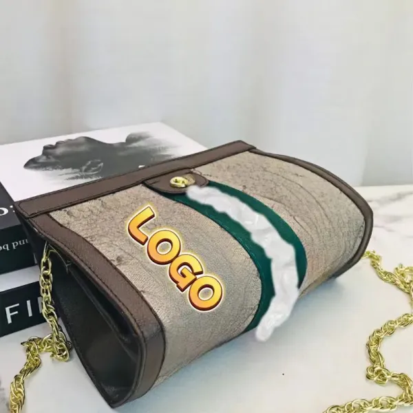Design Logo Print Chain Crossbody Bag Gray Green Black - 11