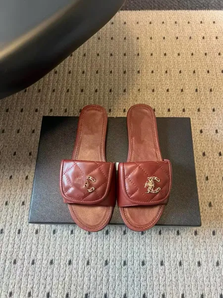 Chanel Quilted Slide Sandals Burgundy Leather Slippers - 1
