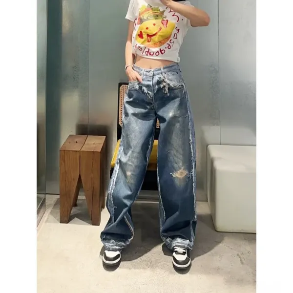 Design Wide-Leg Distressed Denim Jeans Blue - 5