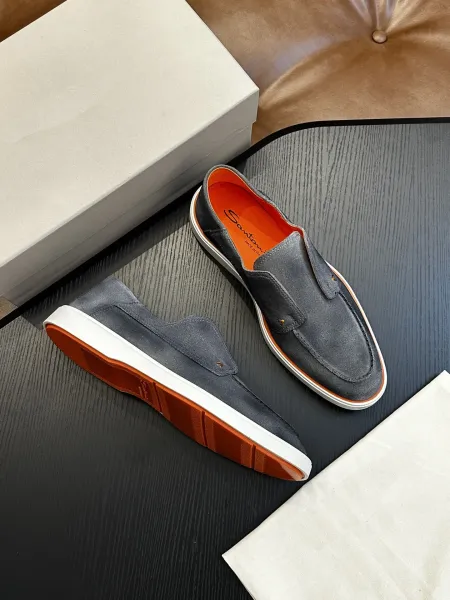 Design Santoni Loafer Slip-On Olive Green Suede with Orange Sole Casual Shoes Loafers - 9