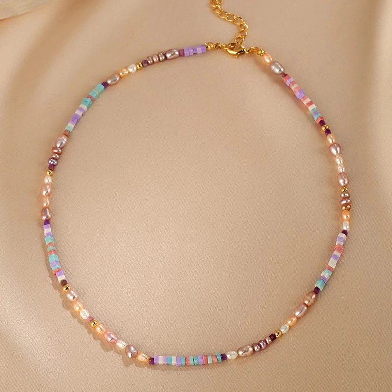 Multicolor Beaded Pearl Necklace And Bracelet Set Pastel Boho Jewelry