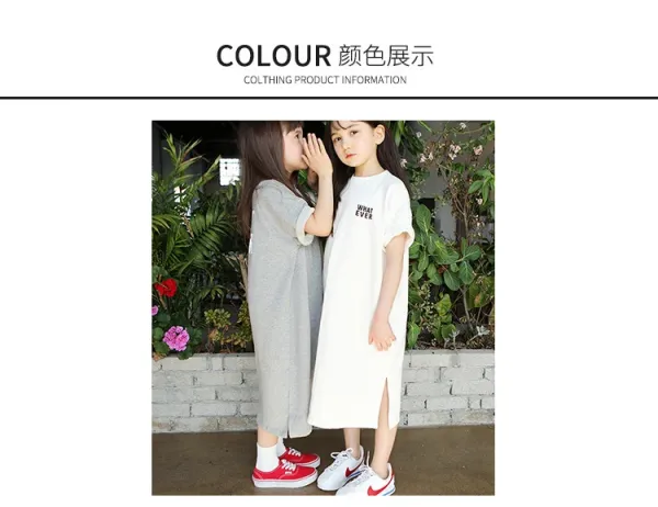 Design Oversized T-Shirt Dress with 'WHAT EVER' Print White and Gray Kids Casual Dresses - 6