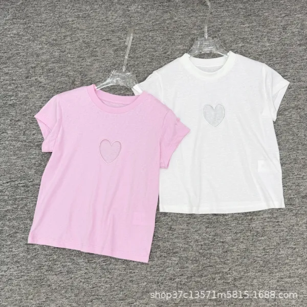 Design Heart Embroidery White T-Shirt Tops.t Shirts - 3