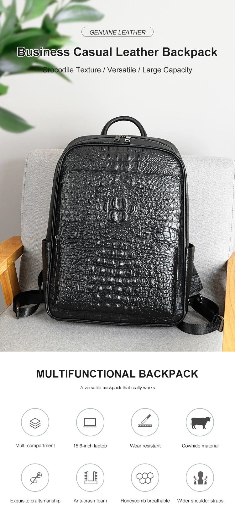Design Crocodile-Embossed Leather Backpack Black - 3