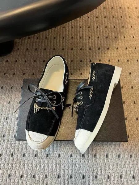 Chanel Boat Shoes Light Blue Suede Two-Tone with Chain Detail - 14
