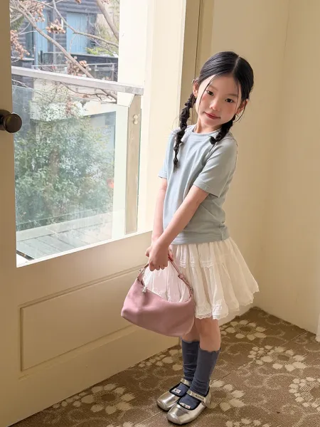 Design Short Sleeve T-Shirt in Sage Green with Tiered Lace Skirt Set - 26