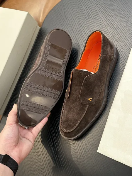 Design Santoni Loafer Slip-On Olive Green Suede with Orange Sole Casual Shoes Loafers - 43