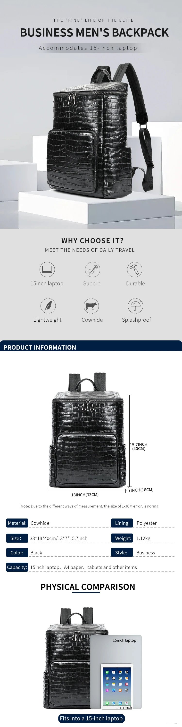 Design Crocodile-Embossed Leather Backpack Black - 3