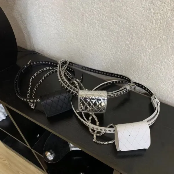 Celine Triomphe Mini Belt Bag Black Quilted Leather with Studded Chain Strap - 3