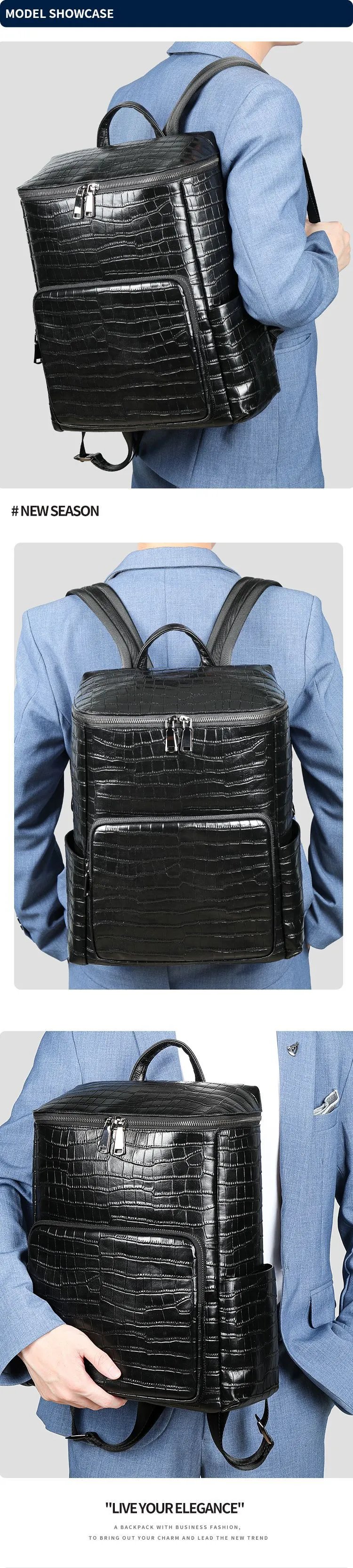 Design Crocodile-Embossed Leather Backpack Black - 9