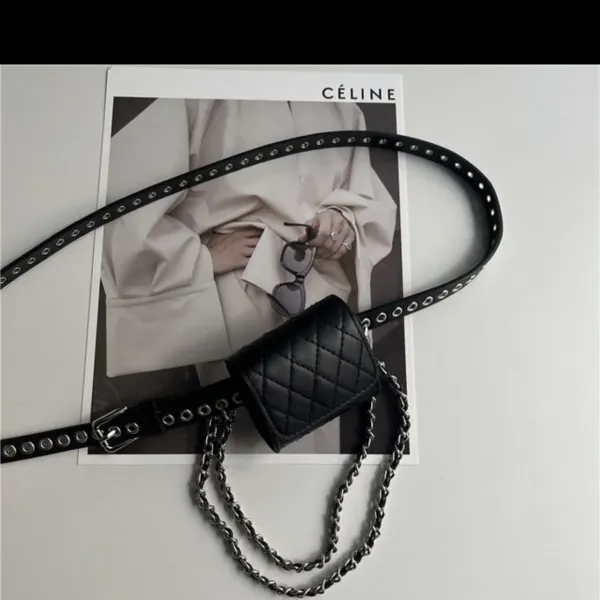 Celine Triomphe Mini Belt Bag Black Quilted Leather with Studded Chain Strap - 8