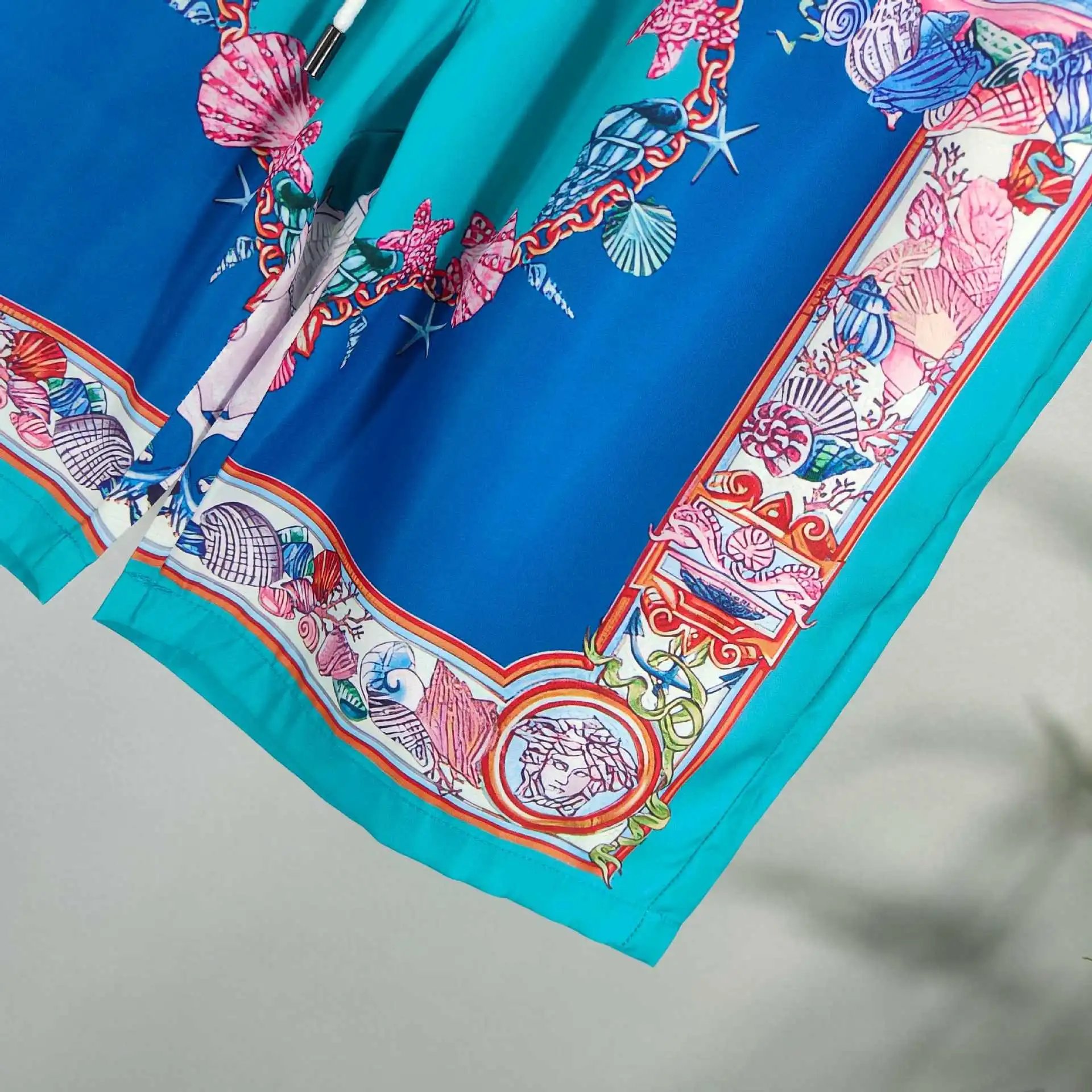 Versace Baroque Print Silk Shirt and Shorts Set Turquoise Multicolor - 9