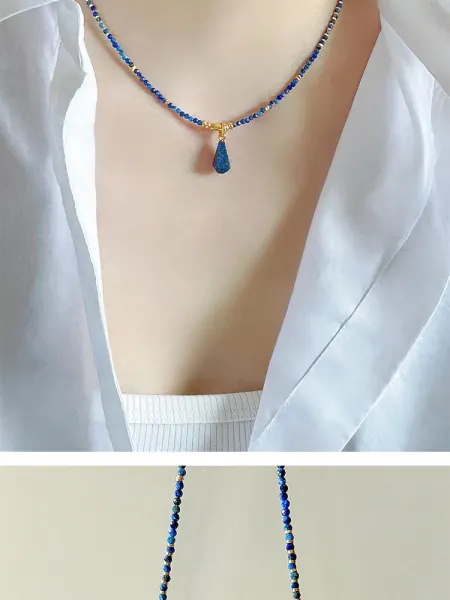 Design Lapis Lazuli Teardrop Pendant Necklace Gold Jewelry - 9