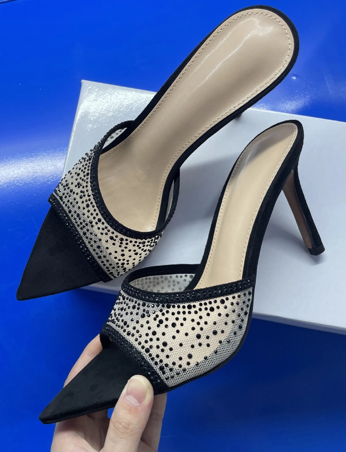 Design Mesh-Embellished Pointed-Toe Mule Heels Black - 6
