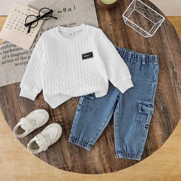 Design Cable Knit Sweater with 'What?' Patch + Cargo Jeans + White Velcro Sneakers Set Casual Set - 1