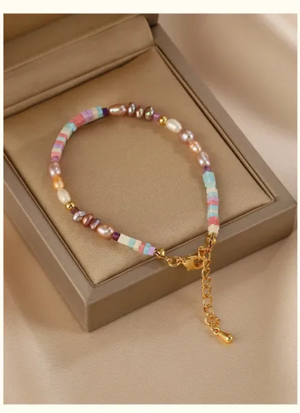 Design Multicolor Pearl and Ceramic Bead Bracelet with Gold-Tone Clasp Jewelry - 13