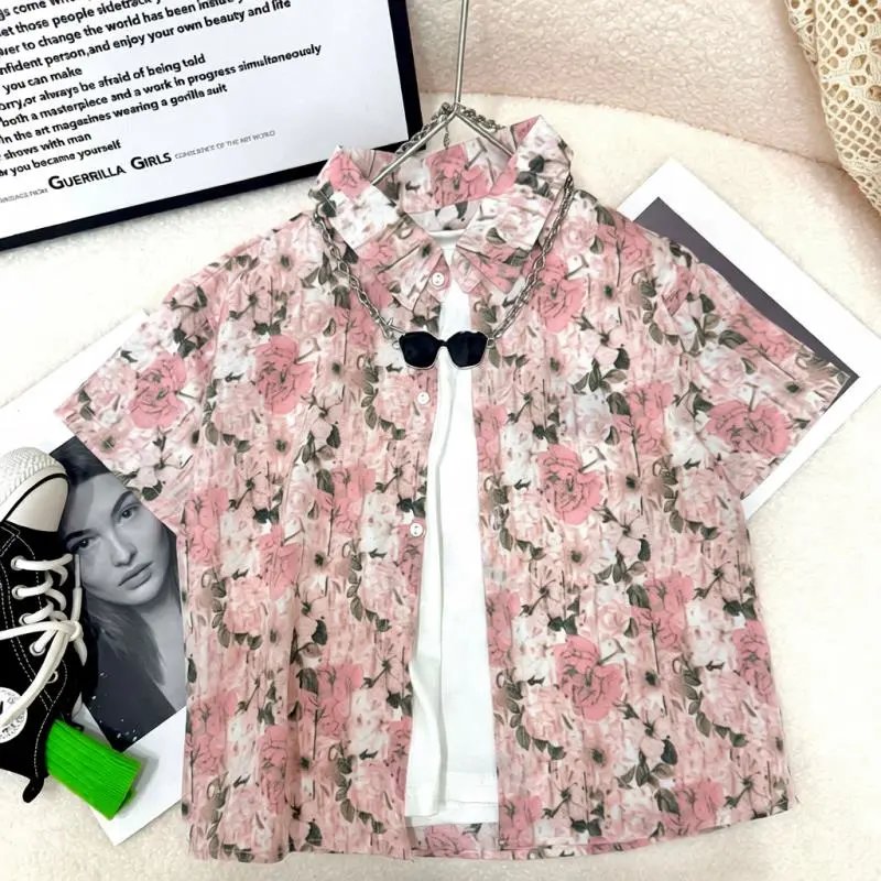 Design LSTAR Studio Floral Print Shirt and Pink Logo Shorts Set Sets - 2
