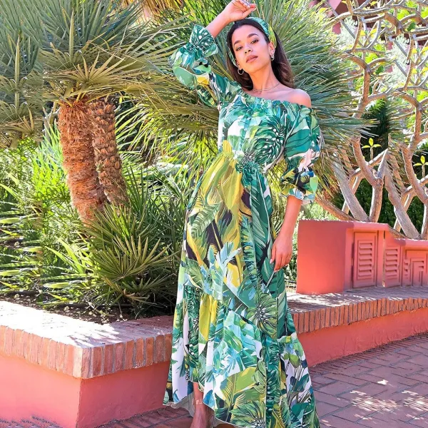 Design Tropical Leaf Print Off-Shoulder Maxi Dress - 6