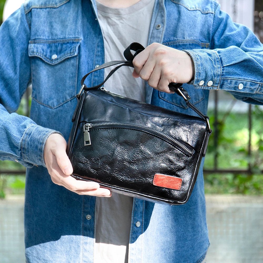 Leather Crossbody Bag Black Vintage Style