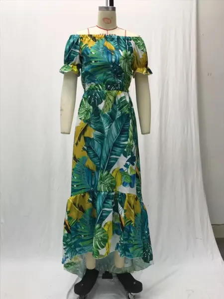 Design Tropical Leaf Print Off-Shoulder Maxi Dress - 9
