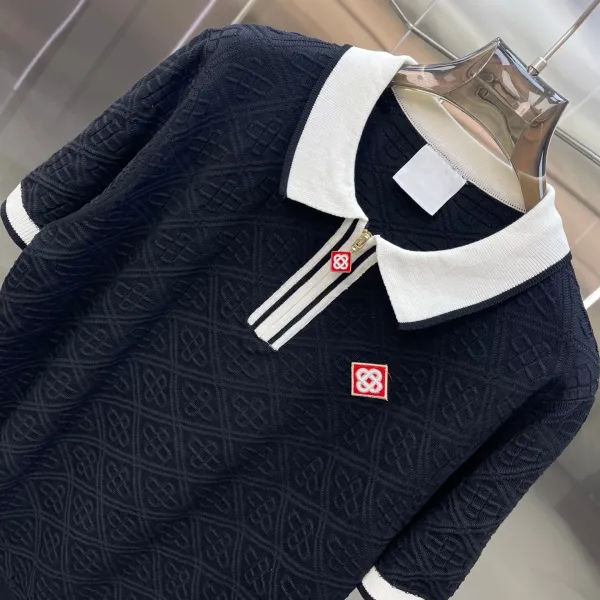 Design Knit Polo Shirt with Contrasting Collar and Zip Placket in Black Tops Polo - 13