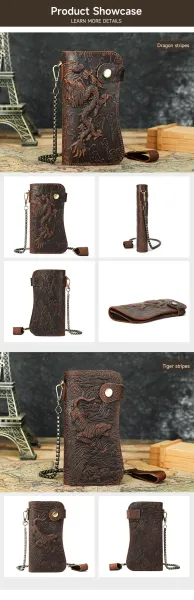 Design Hand-Carved Tiger Leather Long Wallet Brown Long Wallet - 7