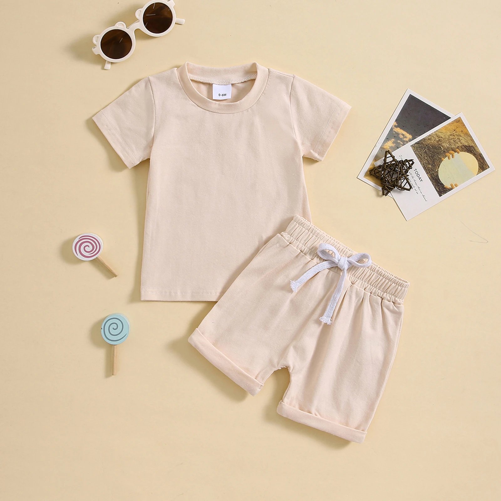 Design Solid Sage Green Baby Set: Short-Sleeve T-Shirt + Drawstring Shorts - 22