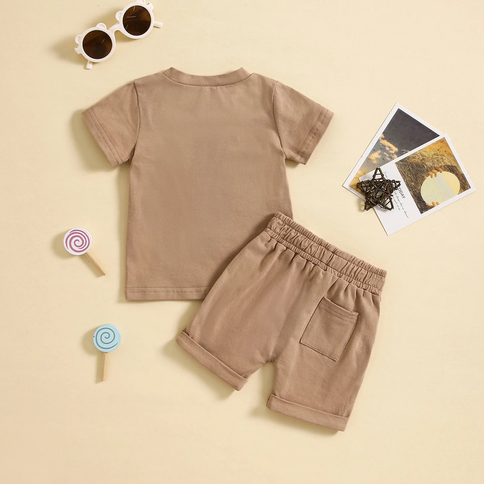 Design Solid Sage Green Baby Set: Short-Sleeve T-Shirt + Drawstring Shorts - 5