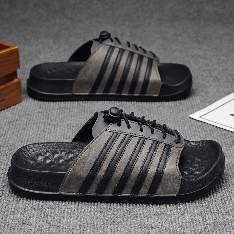 Adidas Originals Slide Sandals Gray Black Striped Slippers