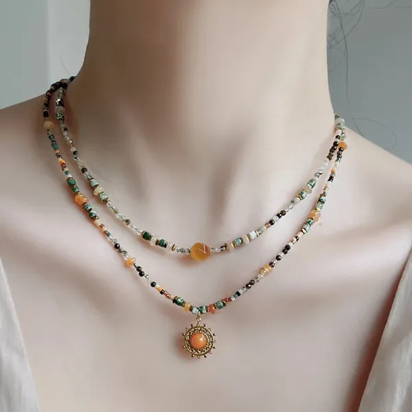 Design Beaded Gemstone Necklace with Amber Center Stone Jewelry - 2