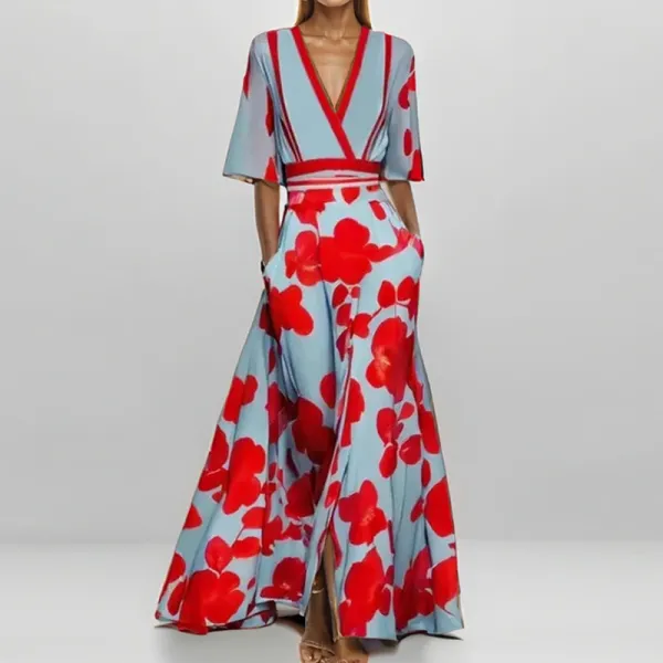 Design Floral Print V-Neck Wrap Maxi Dress in Light Blue and Red - 24