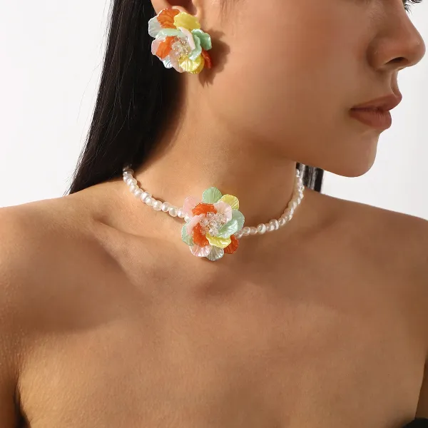 Design Floral Resin Crystal Stud Earrings Orange and Cream Jewelry - 12