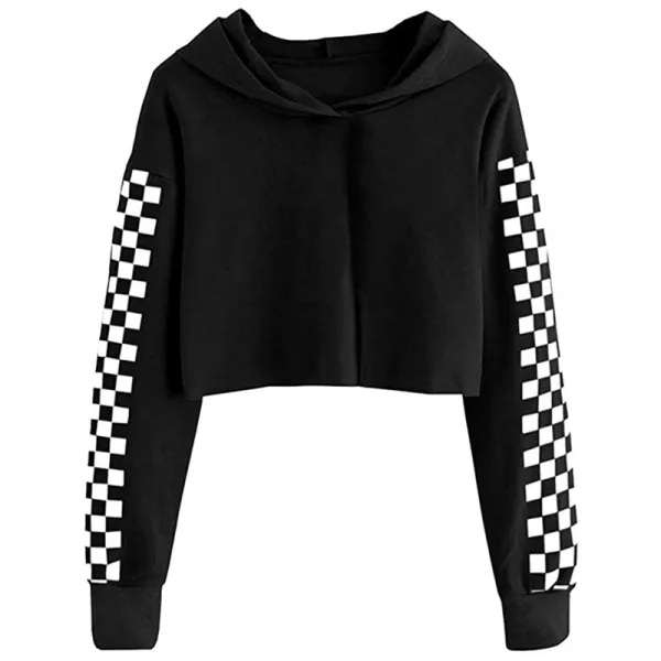 Design Checkerboard Sleeve Cropped Hoodie and Joggers Set Gray - 5