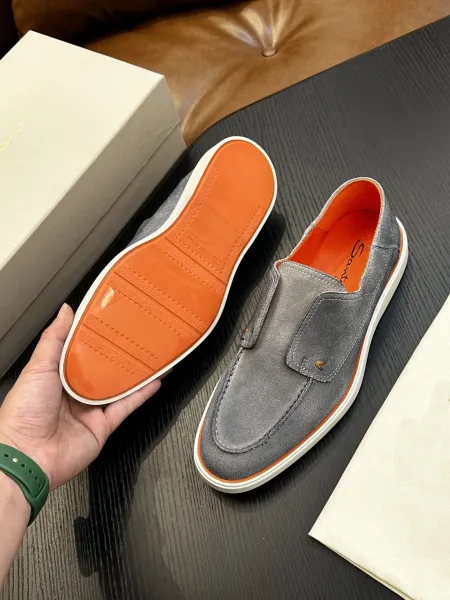 Design Santoni Loafer Slip-On Olive Green Suede with Orange Sole Casual Shoes Loafers - 33