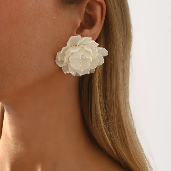 Design Floral Resin Crystal Stud Earrings Orange and Cream Jewelry - 18